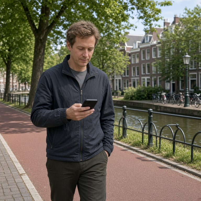 Volwassene wandelt over een Nederlands fietspad en controleert daarna een telefoon