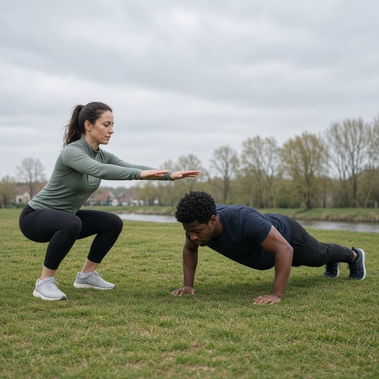Twee sporters oefenen push-ups en squats naast elkaar tijdens een toegankelijke buitentraining