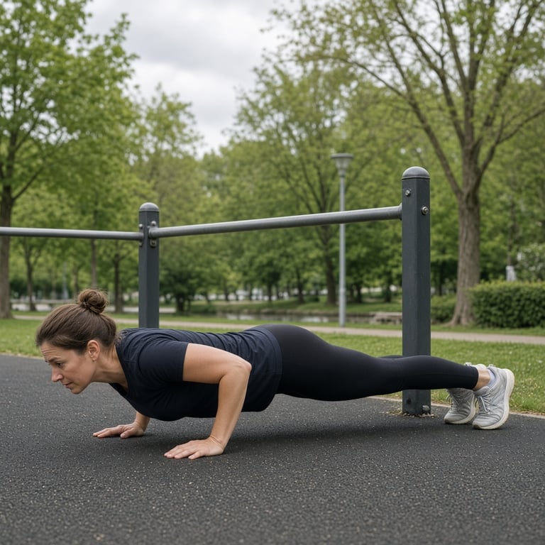 Sporter voert een rustige calisthenics training uit in een Nederlands park met een lage rekstok
