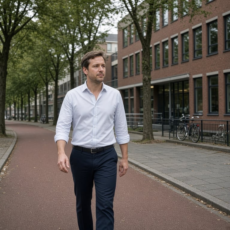 Volwassene wandelt tijdens de lunchpauze over een Nederlands fietspad langs groen