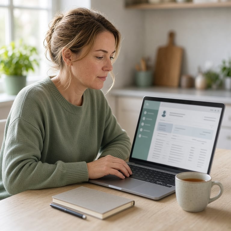 Persoon bekijkt rustig een patiëntenportaal op een laptop aan de keukentafel