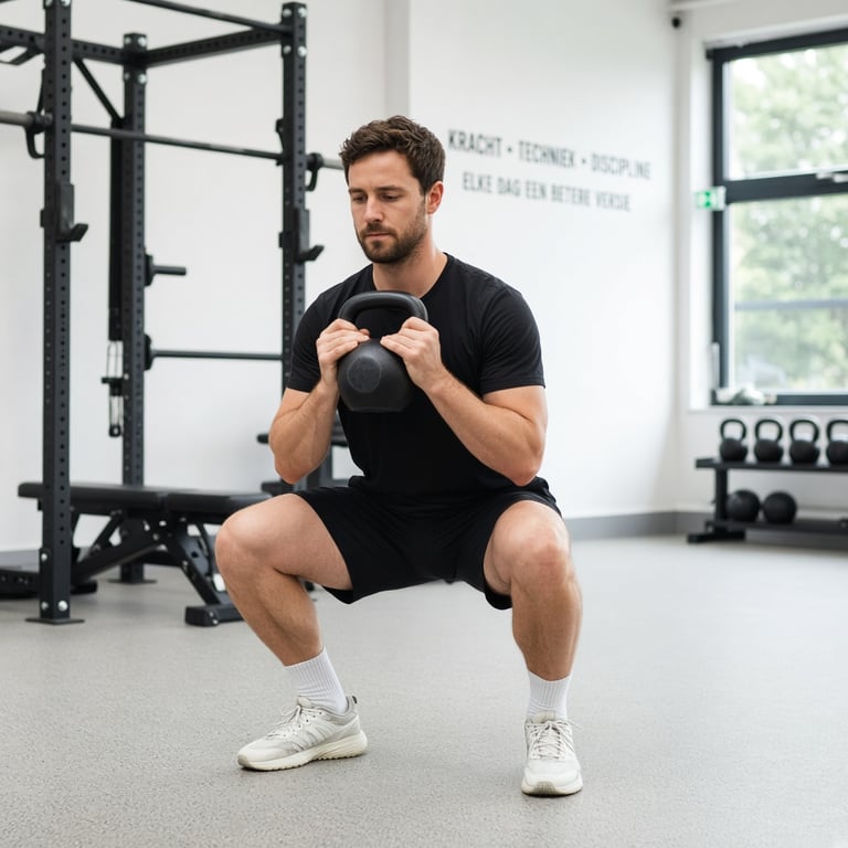 Sporter oefent een gecontroleerde goblet squat met een kettlebell in een Nederlandse sportzaal