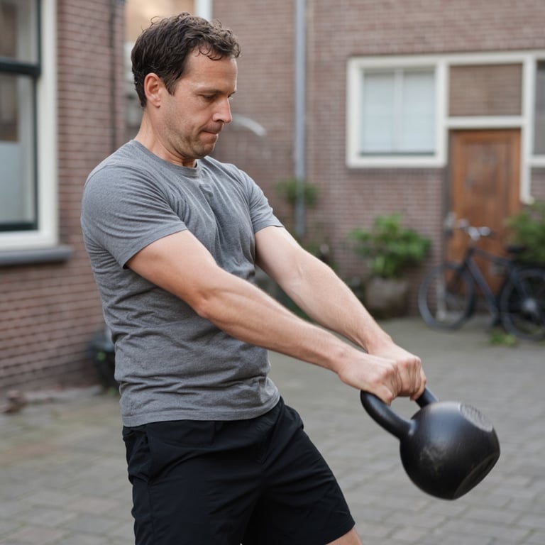 Sporter voert een kettlebell swing uit in een lichte trainingsruimte